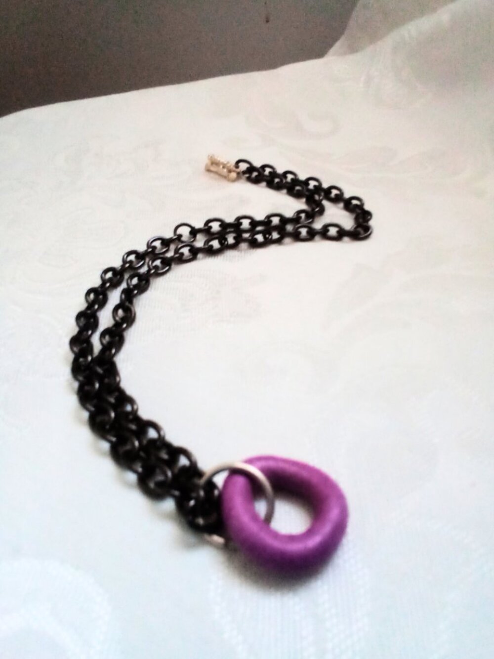 Purple Wood Loop Pendant on Black Chain Necklace Rock Punk Goth One-of-a-kind